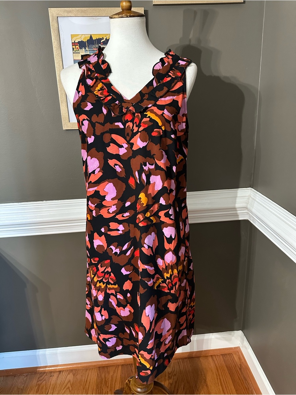 CAbi Sleeveless Ruffle V-Neck Mini Dress in Brown, Pink and Orange